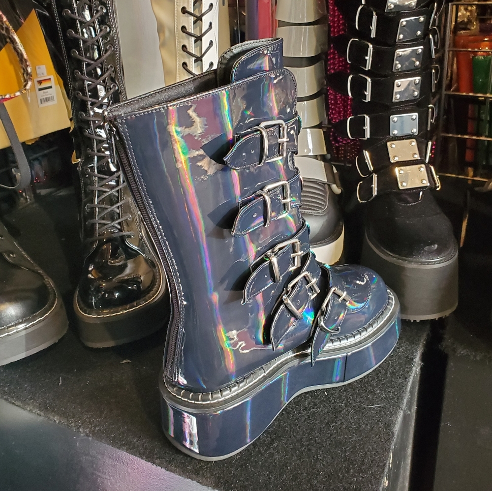 Demonia EMI330 Heart Buckle Boots in Black Holo